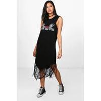 Sleeveless Printed Fringe Hem Dress - black