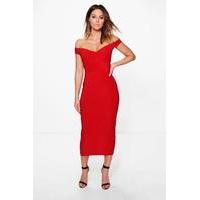 Slinky Off Shoulder Bodycon Midi Dress - red