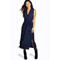 Sleeveless Belted Midi Shirt Dress - navy