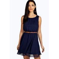 Sleeveless Chiffon Belted Skater Dress - navy