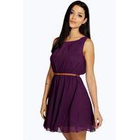 Sleeveless Chiffon Belted Skater Dress - grape