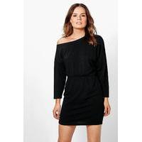 Slashneck Ribbed Tunic Dress - black