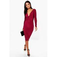 slinky cowl neck ruched sleeve midi dress berry