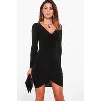 slinky ruched long sleeve bodycon dress black