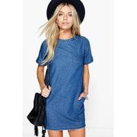 slouch pocket denim dress mid blue