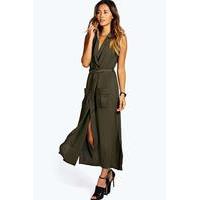 sleeveless belted midi shirt dress khaki