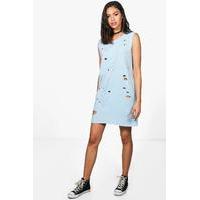 Sleeveless Distressed T-Shirt Dress - bluebell