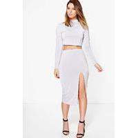 Slinkly Roll Neck Crop Wrap Skirt Co-Ord - silver