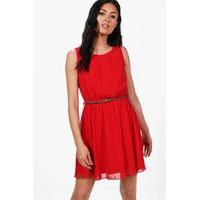 Sleeveless Chiffon Belted Skater Dress - red