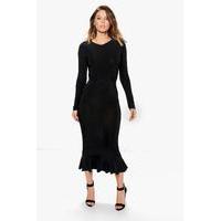 Slinky Long Sleeved Peplum Hem Midi Dress - black