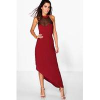 Slinky Mesh Insert Asymmetric Maxi Dress - merlot