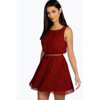 Sleeveless Chiffon Belted Skater Dress - berry