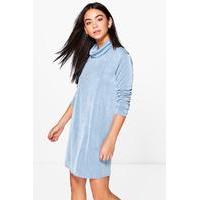 Slinky High Cowl Neck Shift Dress - vintage blue