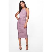 Slinky Rouched Side High Neck Midi Dress - mauve