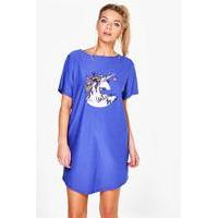 Slash Neck Unicorn Print Night Dress - navy