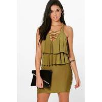 Slinky Ruffle Lace Up Bodycon Dress - olive