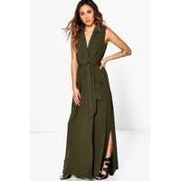 Sleeveless Belted Maxi Dress - khaki