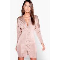 Slinky Lace Up Batwing Bodycon Dress - sand