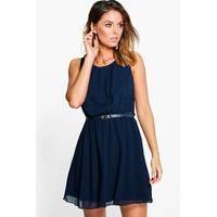 Sleeveless Chiffon Gold Belted Skater Dress - navy