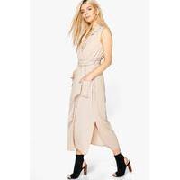 Sleeveless Belted Midi Shirt Dress - sand