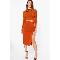 Slinkly Roll Neck Crop Wrap Skirt Co-Ord - rust