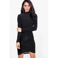Slinky Ruched High Neck Bodycon Dress - black