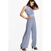 slinky high neck crop wide trouser co ord silver