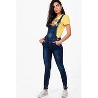 Slim Fit Destroyed Ankle Denim Dungarees - indigo