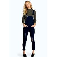 Slim Fit Distressed Denim Dungarees - navy
