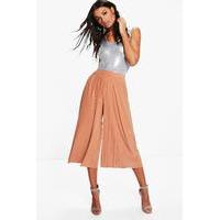 Slinky Pleated Wide Leg Cropped Trousers - tan