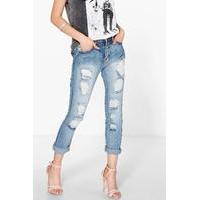 Slim Fit Distressed Boyfriend Jeans - mid blue