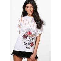 slashed printed band t shirt white