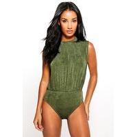 Sleeveless High Neck Ruched Bodysuit - khaki