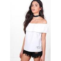 slogan hem woven off the shoulder top white