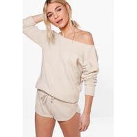 slash neck jumper short lounge co ord stone