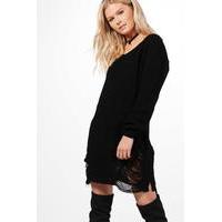 Slash Neck Distressed Hem Jumper Dress - black