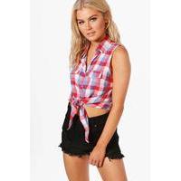 Sleeveless Checked Tie Front Shirt - red