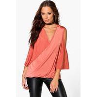 slinky drape wrap cold shoulder top rose