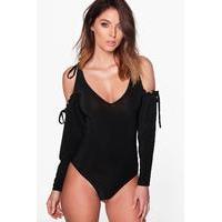 Slinky Ruched Cold Shoulder Bodysuit - black