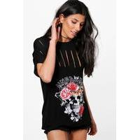 slashed printed band t shirt black