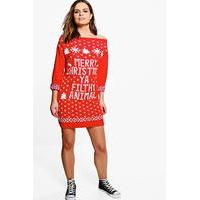 Slash Neck Filthy Animal Christmas Jumper Dress - red