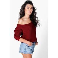 Slash Neck Crop Fisherman Jumper - berry