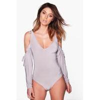 slinky ruched cold shoulder bodysuit grey