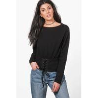 Slouchy Lace Up Corset Sweatshirt - black