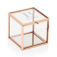 small glass jewellery box with rose gold modern serif initial etching