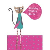 smiling turquoise cat personalised birthday card