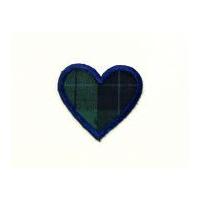Small Tartan Heart Embroidered Iron On Motif Applique 30mm x 25mm Green/Navy