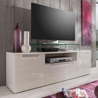 smart low board tv stand in white with 3 high gloss doors