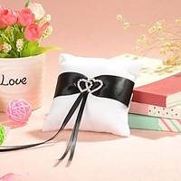 Small Ring Pillow In White Satin With Black Sash