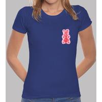 small red gummy bear. girl t-shirt tight blue